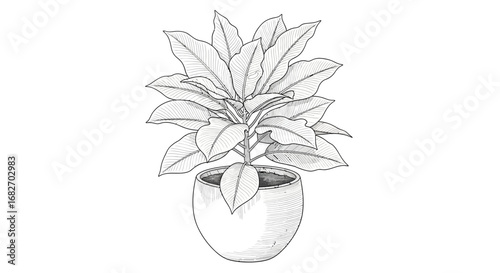 Elegant rubber plant sketch in a pot for botanical illustration projects