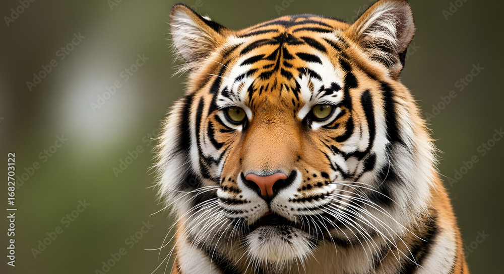 Naklejka premium A powerful and majestic tiger's face in a detailed close-up, showing its fierce eyes and beautiful fur