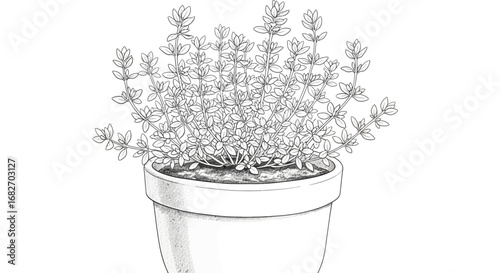 Elegant thyme plant illustration in simple black lines in a pot