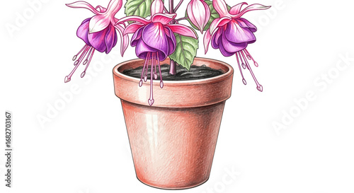 Enchanting fuchsia flower illustration adorning terracotta earthenware pot