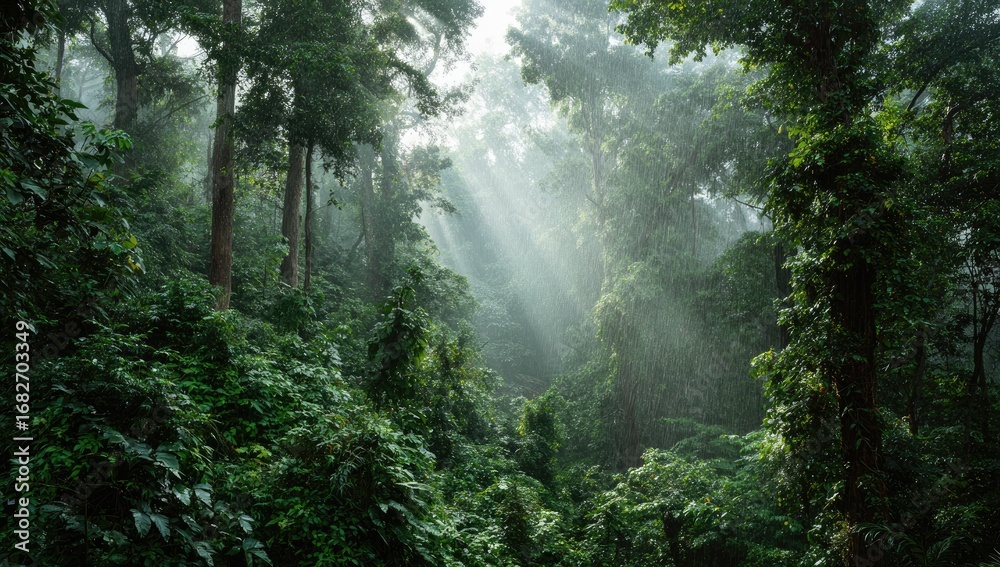 Fototapeta premium Sunlight streams through a dense, misty jungle