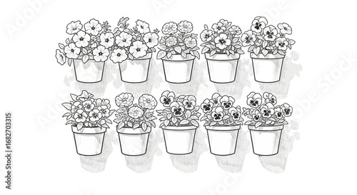 Floral assortment in pots, hand-drawn monochrome illustration for decoration