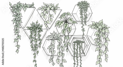 Geometric wall planters with trailing indoor plants for home decoration