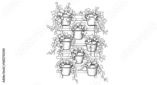 Hand Drawn Ivy Potted Plants on Wooden Trellis Sketch Illustration