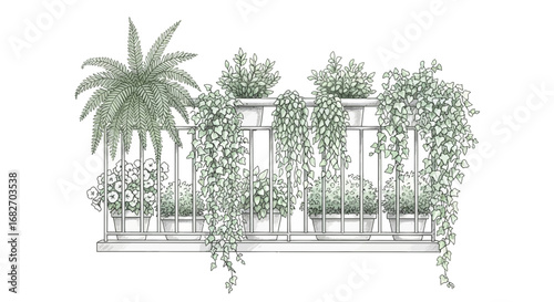 Hand-Drawn Balcony Plants, Creating an Urban Garden Oasis with Greenery