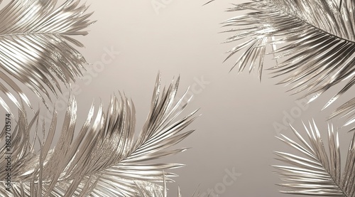 A gray sky with metallic silver palm leaves floating in the air
