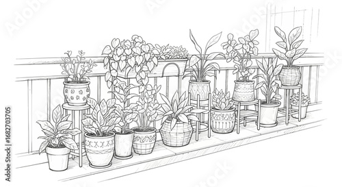 Hand-drawn illustration of a balcony filled with potted plants and greenery