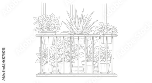 Hand-drawn line art illustration of potted plants on a balcony railing