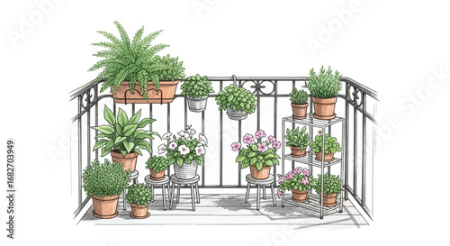 Illustration of a charming balcony garden with potted plants and flowers