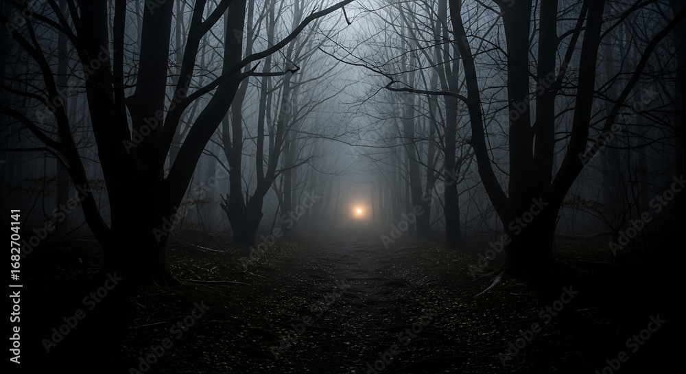 Fototapeta premium Foggy Forest Path with Eerie Light.