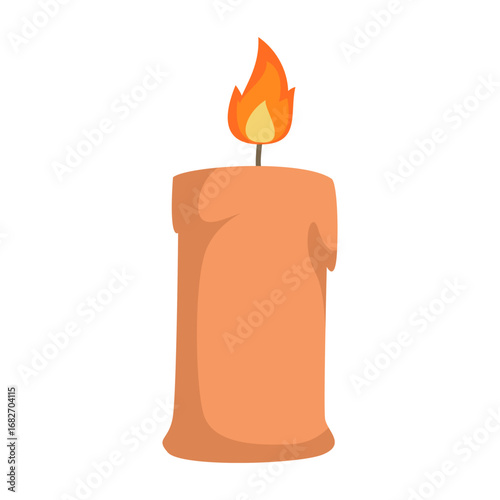 A vibrant orange candle with a flickering flame against a plain background, symbolizing warmth