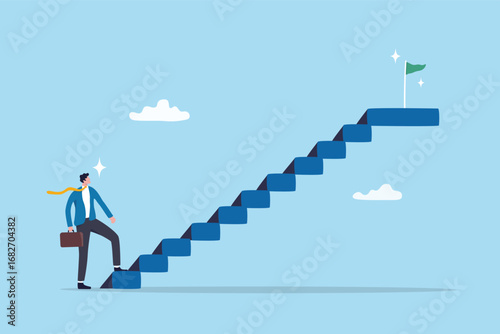 Start business to success, entrepreneur initiate opportunity to win, prepare to begin, progress or growing to reach goal challenge, businessman start or begin step up stair to success to reach goal.