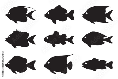 Set of Sea Food Silhouette, Ocean Life, Fish. Vector black silhouette. with white background