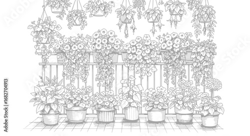 Monochrome Botanical Illustration of Flower-filled Balcony and Pot Plants