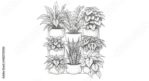 Monochrome compilation of potted houseplants arranged in geometric form