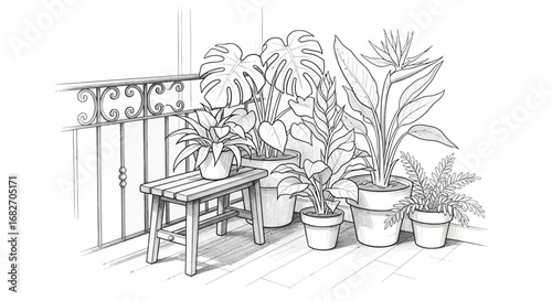 Monochrome illustration of an urban balcony with tropical house plants