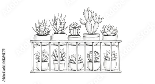 Monochrome illustration of succulents and cacti on a minimalist rack
