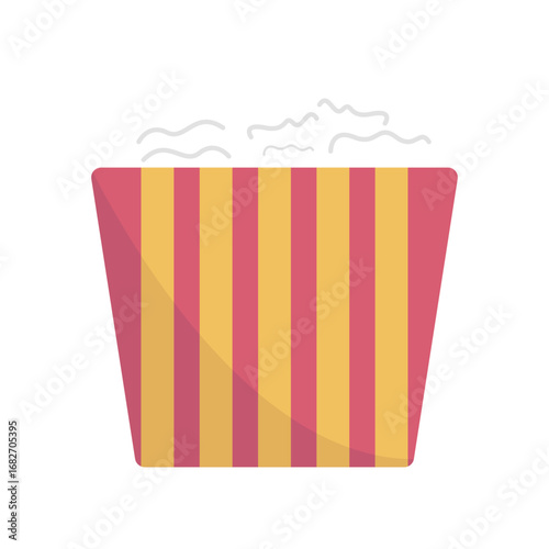 Colorful striped popcorn container filled with popcorn on a bright background
