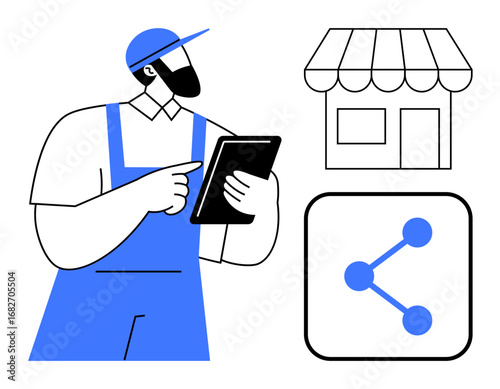 Cartoon store owner in cap and apron using tablet, store icon, social media share icon. Ideal for retail, business management, e-commerce, digital tools, online promotion, connectivity simple
