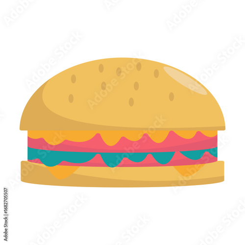 A delicious hamburger with layers of toppings served on a colorful plate, inviting a casual meal