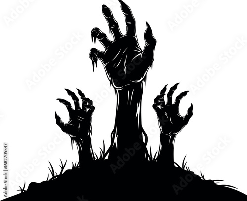 Creepy zombie hands emerging from dark ground silhouette halloween horror graphic vector