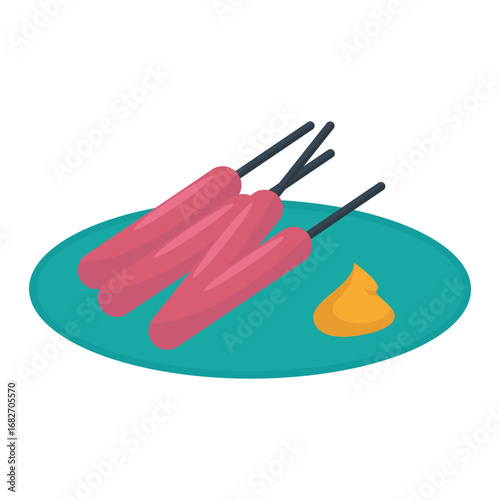 A vibrant plate of skewered sausages served with mustard on a colorful background