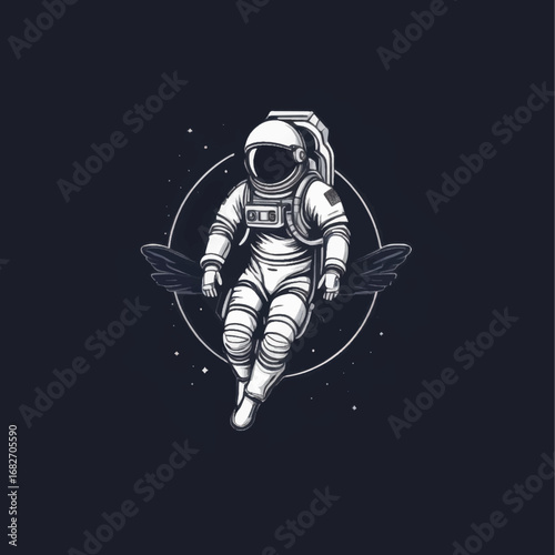 Winged Astronaut in Space Suit Floating within a Celestial Circle