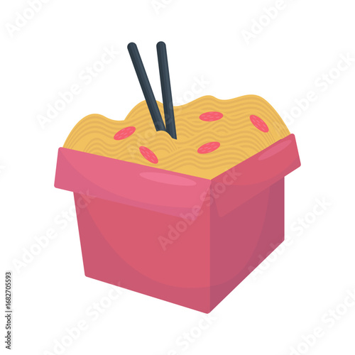 Colorful takeout box filled with noodles and toppings, chopsticks resting on top, minimal background