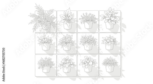 Serene monochromatic display showcasing an array of potted houseplants