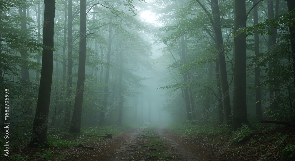 Naklejka premium Path Through Mystical Forest Trail in Foggy Weather Nature Scene