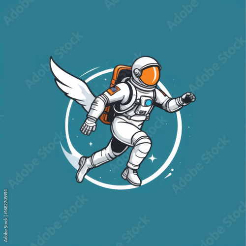 Winged Astronaut Running with Orange Visor and Backpack in Space Circle