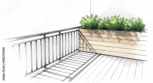 Sketch of a tranquil balcony with green plants and wooden planter box