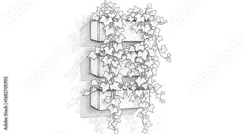 Sketch of vertical garden planters with ivy cascading down a light wall
