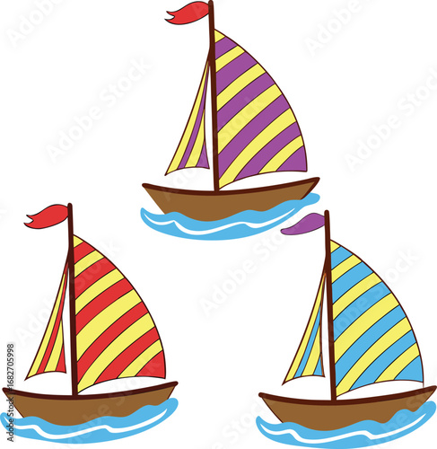 Vector art of three colorful cartoon sailboats with striped sails sailing on blue waves