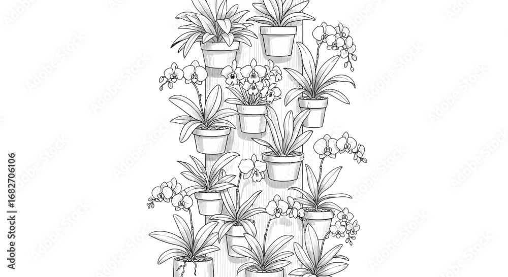Fototapeta premium Sophisticated monochrome botanical wall illustration featuring potted orchids