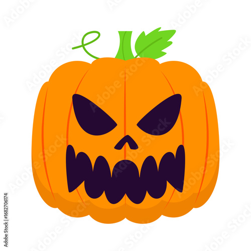 A spooky Halloween pumpkin with a menacing skull face and green vine, perfect for festive decorations