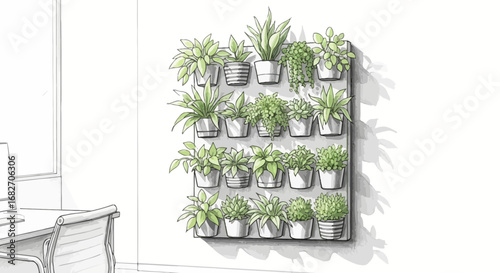 Stylized indoor vertical garden illustration with home office aesthetics