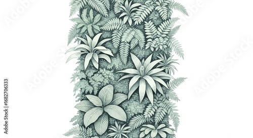 Stylized monochrome botanical garden vertical pattern with various foliage