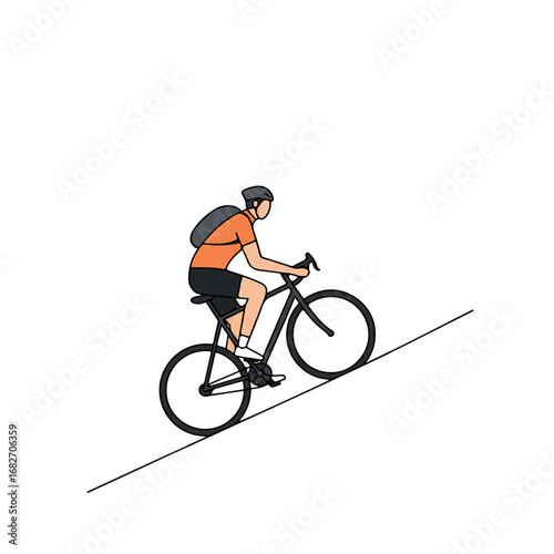 A minimalist 2D flat vector illustration features a determined cyclist pedaling uphill with clean lines and solid colors, isolated on a clean white background.
