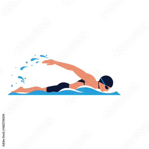 A dynamic 2D flat vector illustration captures a male swimmer performing the crawl stroke with clean lines and solid colors, isolated on a bright white background, symbolizing speed and athleticism.