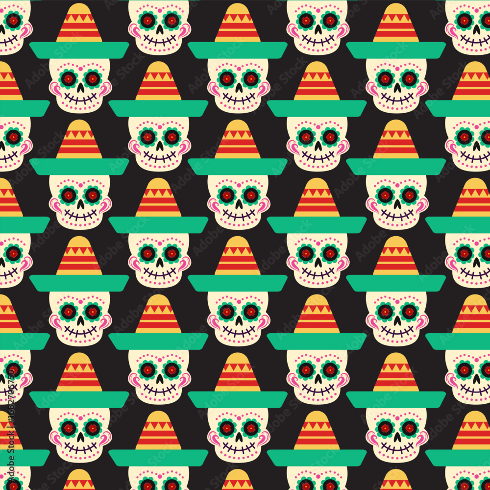 Fototapeta premium Sugar Skull SeamlessPattern. Dia de los Muertos. Black Background. Vector Illustrations