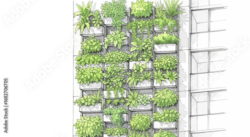 Vertical garden sketch with various plants on a building facade design