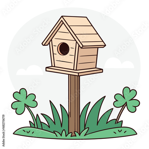 Vector art of a charming cartoon illustration of a wooden birdhouse on a pole, surrounded by green grass and clover