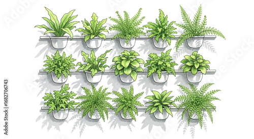 Vertical Garden of Potted Plants Arranged on a Wall, Illustration Style