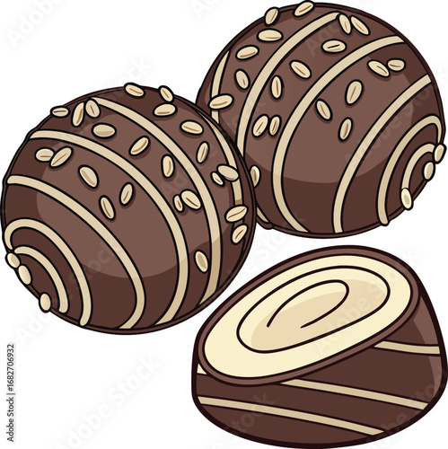 Vector art of delicious chocolate truffles with white stripes and nuts