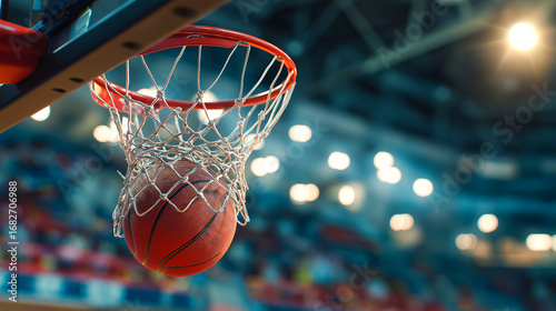 Basketball game ball goes through hoop at stadium competition indoor sport success