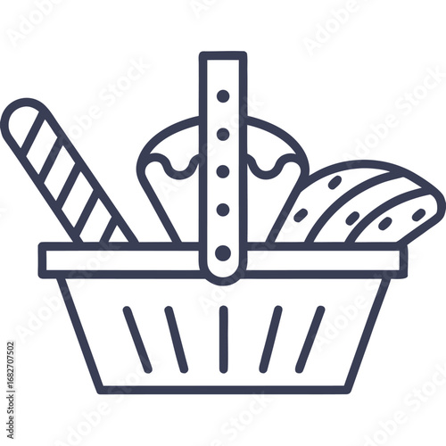 Isolated Dark Blue Filled Basket with Bread, Cupcake and Stick on White