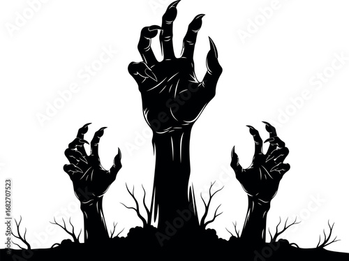 Three spooky zombie hands emerge from the ground against a white backdrop for halloween vector