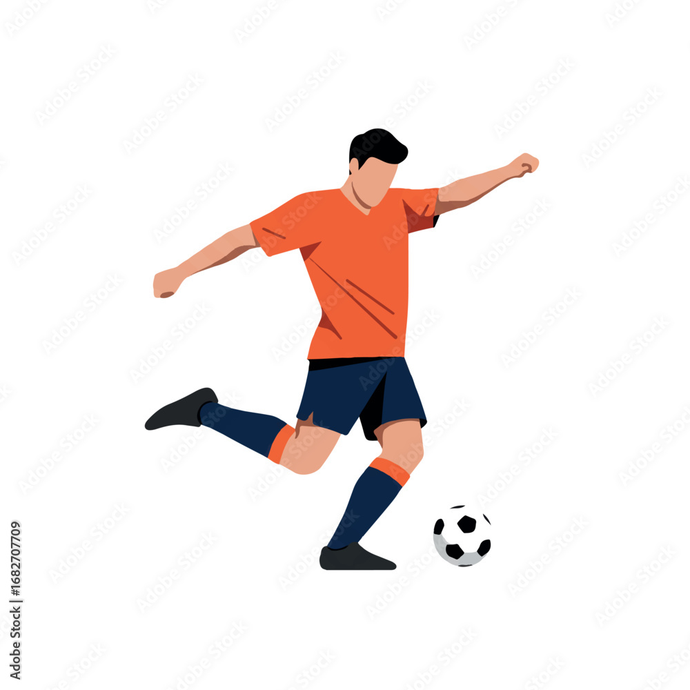 Obraz premium A dynamic 2D flat vector illustration captures an energetic soccer player powerfully kicking a ball with clean lines and solid colors, isolated on a white background.