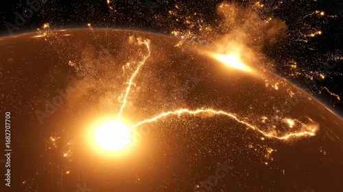 Spectacular Cosmic View of Mysterious Orange Planet with Glowing Sun Bursts in Deep Space Against Star-Studded Black Sky Capturing the Wonders of Outer Space and Celestial Phenomena